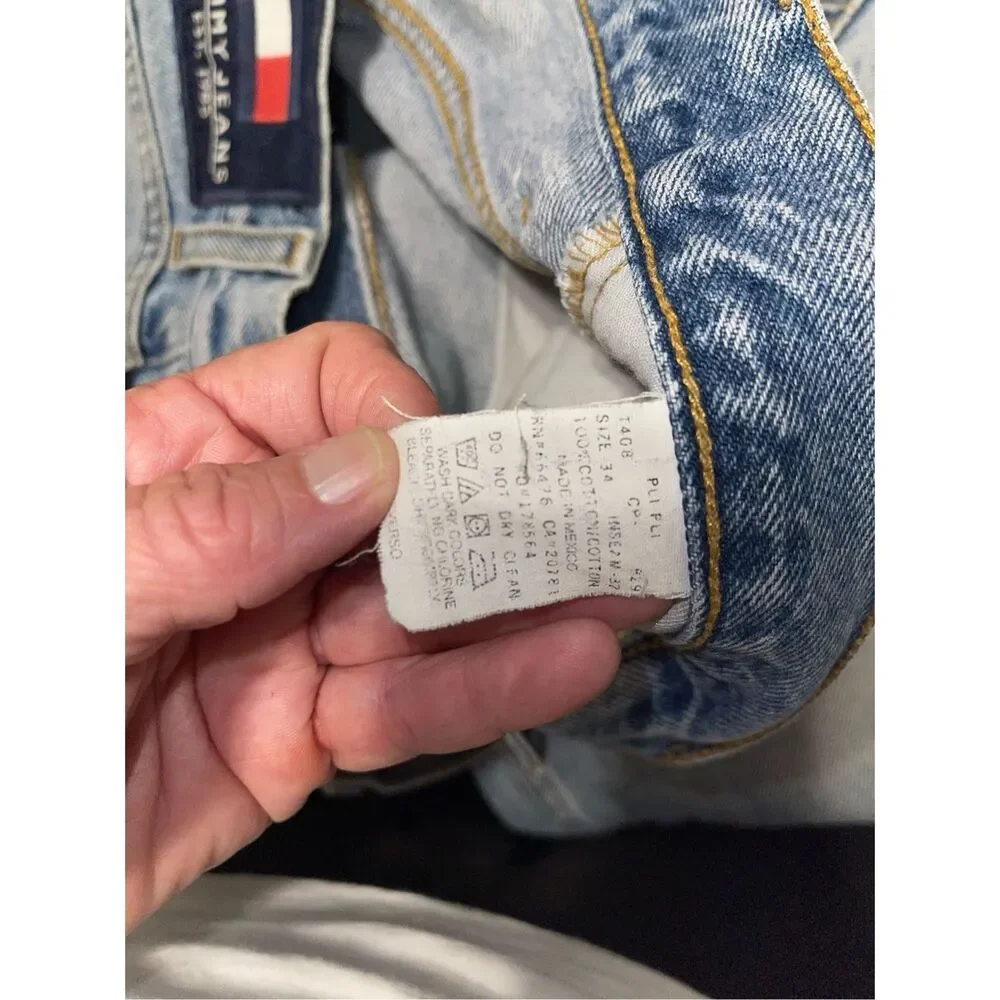 Tommy Hilfiger Jeans Mens 34x32 Blue Distress Whisker Grunge‎ Denim 1985 VTG